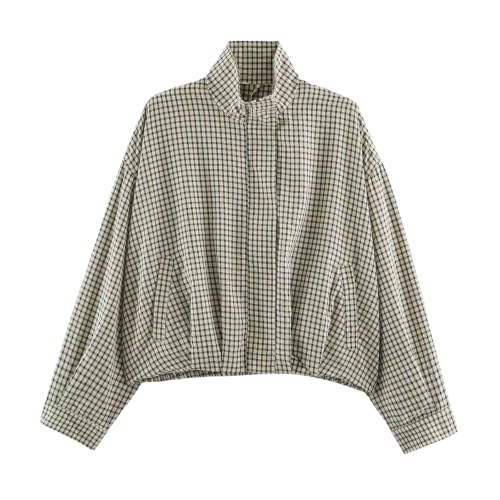 Plaid Bomber Jacket Women Oversized Cropped Funnel Neck Gingham Jacket - image 1