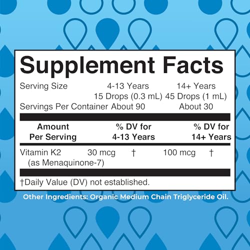 MaryRuth Organics USDA Organic Vitamin K2 MCT Liquid Drops for Adults & Kids | 1oz USDA Organic | 100 mcg K2 MK7 per ser