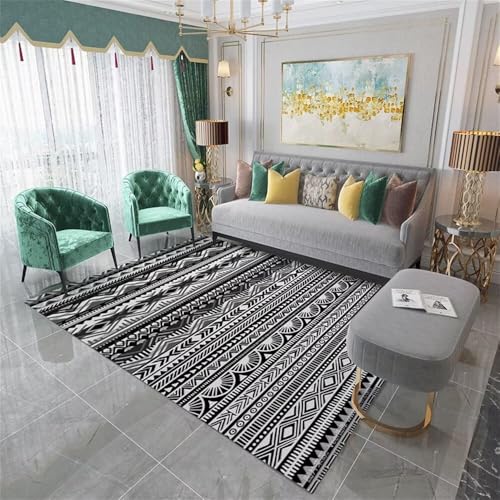 Tapis salon doux noir 120x120cm au design géométrique rétro