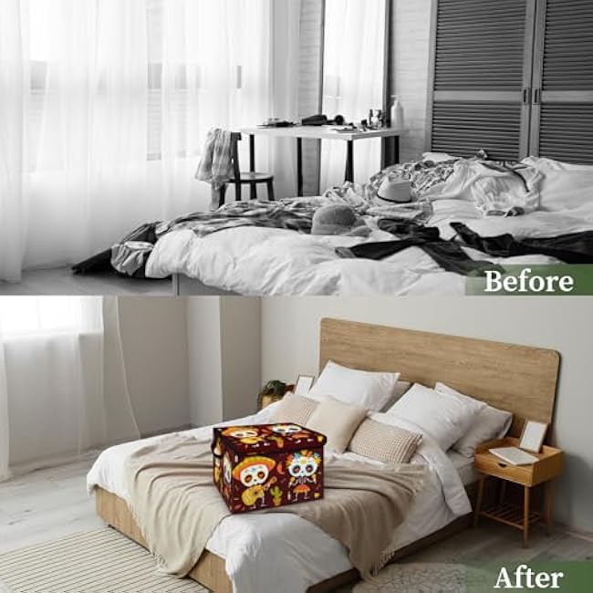 Cute Skeleton Skull Couple Storage Bins with Lid Foldable Lidded Fabric Storage Baskets for Clothes Blanket Collapsible Large Storage Box Closet Organizer with Handles 2 Pack