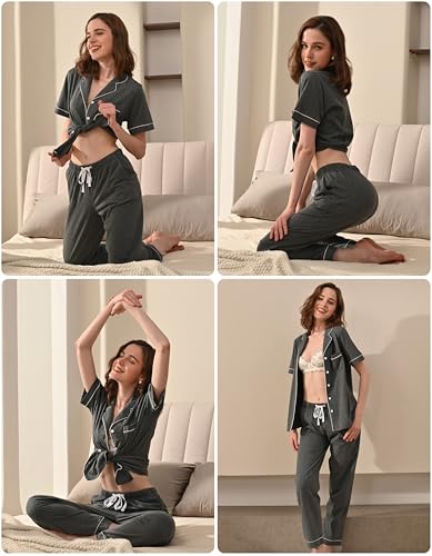Image of NAP BOUND 100% Cotton Women's Pajama Sets Short Sleeve Button Down Soft Pjs 2 Piece Lounge Set with Pocket Nightwear XS-XXL