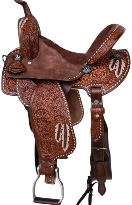 Premium Leather Horse Saddle Barrel Racing Western Wooden Tree Custom Cowboy Cowgirl Handmade Pleasure Comfort Trail Tack Equestrian Tooled Carved Saddle for Riding Size: 10-18 inch Seat, MO-09