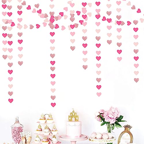 Image of Hot-Pink Rose-Gold Party Decorations Heart-Garland - 52ft Wedding Bridal Shower Hanging Decoration Streamers Banner,Baby Girl Birthday Bachelorette Engagement Mohters Valentines Day Decor Panduola