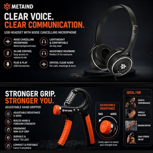 Image of Metaind USB Headset with Noise Cancelling Mic Meta MT30 & Adjustable Hand Gripper Combo | Wired Headphones for Office, Gaming, Online Classes, Work from Home