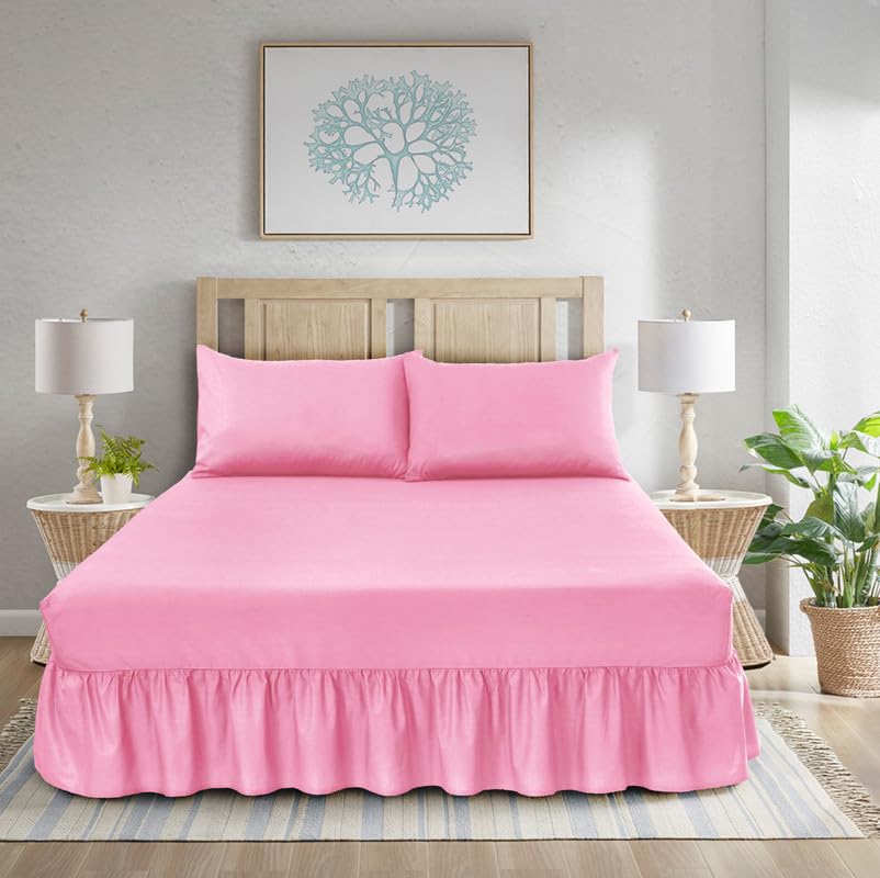 WEAVERS: 3 Pcs Luxurious Plain Frilled Valance Deep Fitted Sheet, Includes Pillowcase Pair. (Size King Colour Baby Pink)
