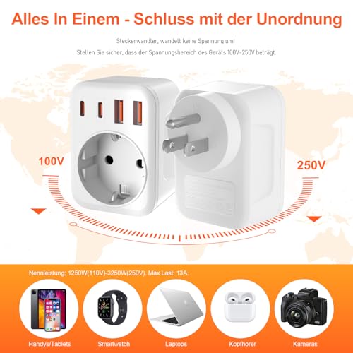 USA Adapter Steckdose, 5-In-1 Adapter USA Deutschland Stecker mit 1 AC 2 USB-C 2 USB-A (3.4A), EU to US Reiseadapter für Amerika Kanada Thailand Mexiko (White/Typ B)