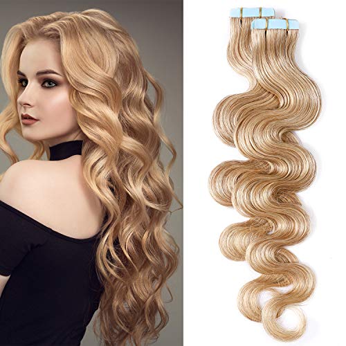S-noilite 18inch Body Wave Human Hair Tape in Extensions 80g 40pcs Wavy Double Sided Tape Extensions Real Hair Dark Blonde #27W
