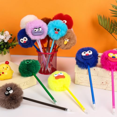 Image of CZWZ 24 Pack Pom Pom Pens Fluffy Cute Pens - Funny Emoji Face Kawaii Plush Novelty Gel Ink Pens 0.5mm for Kids Girls, Classroom Prizes, Treasure Box Toys, Party Favors & Back to School Gifts
