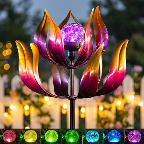 Image of Solar Wind Spinners Outdoor for Yard and Garden, 61'' Lotus Kinetic Wind Sculptures with Color Changing LED Crackle Glass Globe, Metal Yard Art Decor for Patio Lawn, Garden Gifts for Women /Mother