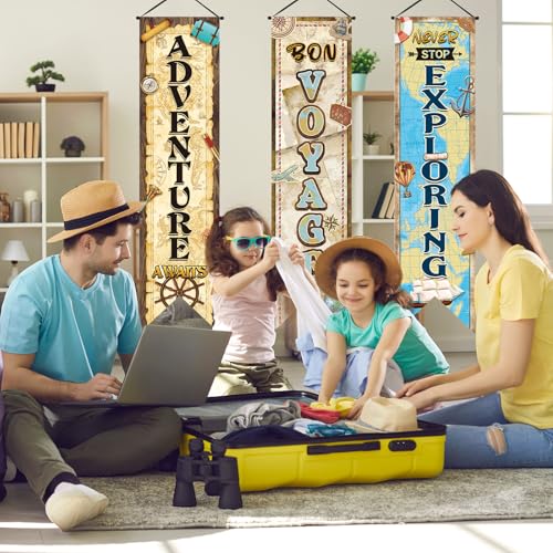 Image of Chiisong 3 Pieces Travel Themed Party Decorations Adventure Awaits Banners Vintage Bon Voyage Porch Signs for Indoor Outdoor Graduation Retirement Hanging Backdrops Going Away Farewell Party Decor
