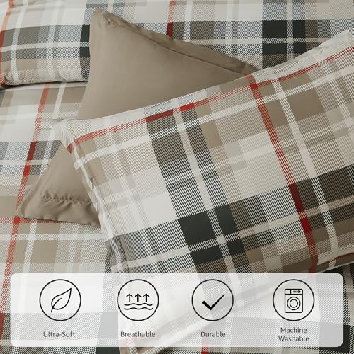 Image of MaiReve Plaid Queen Comforter Sets Khaki, Classic Farmhouse Bedding Set Bed in A Bag 7 Pieces, Lightweight All Season Comforter Set with Fitted & Flat Sheet, Pillowcases & Shams