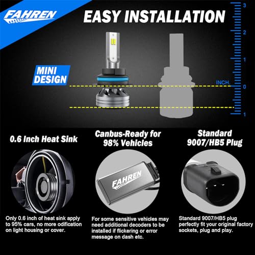 Image of FAHREN 9007 /HB5 Light Bulbs, 50000LM Upgraded Brightness, 6500K White HB5 High Low Beam with Cooling Fan, 1:1 Halogen Size Plug-N-Play Installation, IP68 Waterproof, Pack of 2
