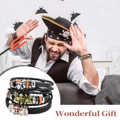 3 Piece Anime Bracelet Skull Punk Leather Wristband for Men, Anime Jewelry Gift Accessories4