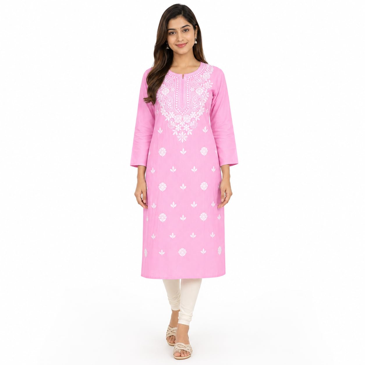 Women's Rayon Lucknowi Chikankari Embroidery Pink Straight Kurti | Round Neck | 3/4 Sleeves | Ethnic Kurta for Casual, Office-image-36