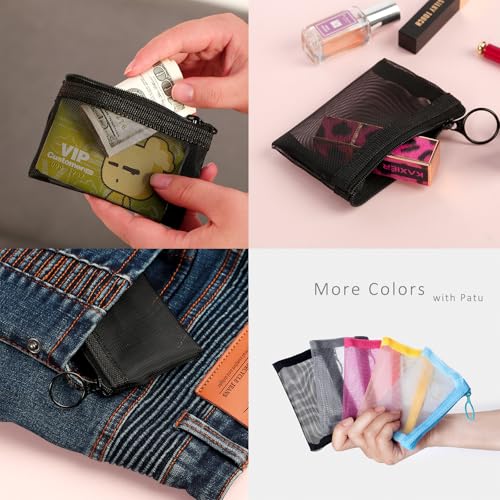 Image of Patu Mini Zipper Mesh Bags, 3 inch x 4 inch, Size XS / A8, 5 Pieces, Keychain Pouch Key Holder, Coin Purse, Clear Travel Kit Small Item Cosmetic Organizer, Black
