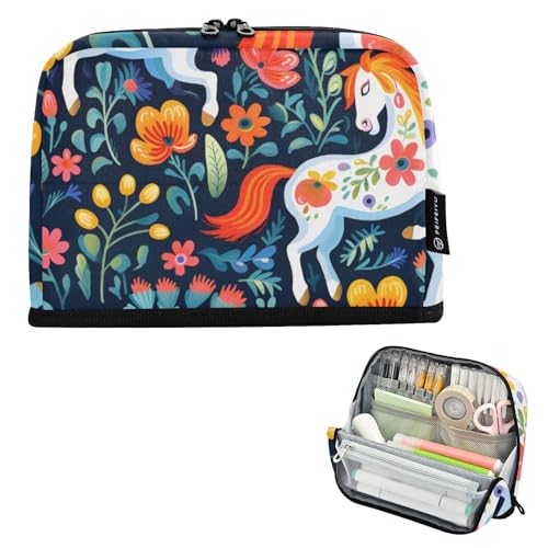 Mnsruu Trousse à crayons avec cheval ethnique et fleurs debout, grande capacité pour garçons et filles, pochette à stylos multicouche, organiseur de papeterie pour l'école, le bureau, le travail