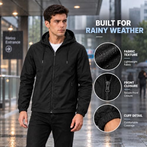 Image of MIA FASHION Men's Hooded Waterproof Rain Jacket Lightweight Wind Resistant Jacket with Zipper Pockets for Bike Riding, Travel & Outdoor Use