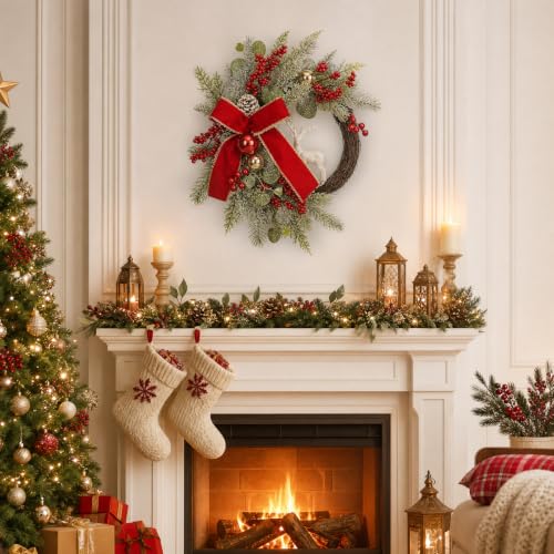 Christmas Wreath for Front Door, Artificial Wreath with Red Bow, Reindeer | 20-Inch Christmas Wreath, Artificial Frosted Pine Cedar Wreath with Pinecones, Holiday Decoration for Front Door, Porch Wall - image 2