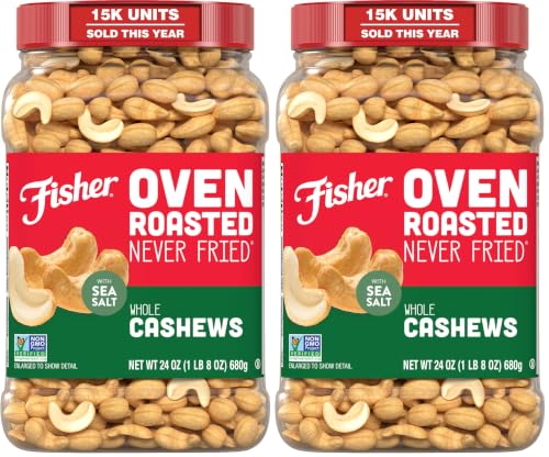 Image of Fisher Oven Roasted Never Fried Whole Cashews, 24 Ounces, Snacks for Adults, Made With Sea Salt, No Added Oils, Artificial Ingredients or Preservatives, Gluten Free, Vegan Protein, Bulk (Pack of 2)