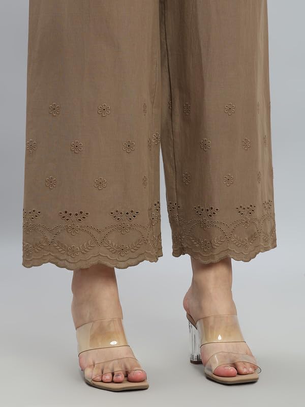 Image of GO COLORS Women Cotton Hakoba Wide Pant Ankle Length, Floral Embroidery, Relaxed Fit, Mid-Rise with Side Pocket