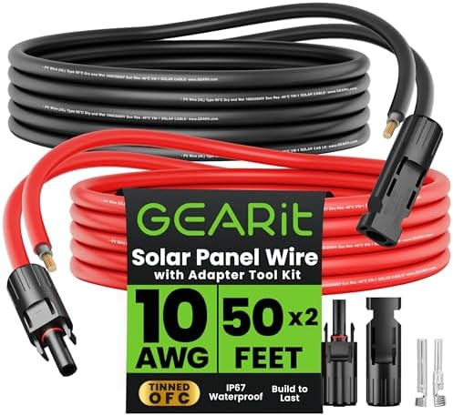 GearIT 10AWG Solar Extension Cable (50FT Black - 50Ft Red) Male to Female Solar Connectors with Adapter Tool Kit, Solar Panel Renewable Energy, 10 Gauge Pure Copper Extension Cord, 50 Feet