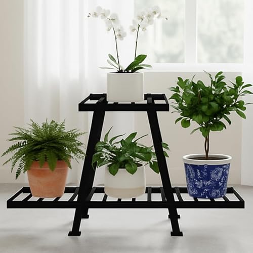Image of Oriley 2-Tier Plant Stand Anti-Rust Metal Flower Pot Holder Outdoor and Indoor Planters Gamla Stands for Balcony & Living Room Home Decor (Pack of 1, Black)