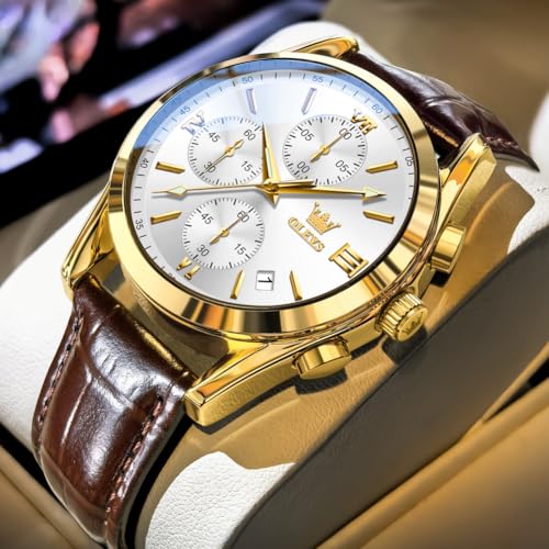 Image of OLEVS Men's Watches Brown Leather with Date,Casual Watches for Men,Large Face Watches Men,Chronograph Mens Watch,Sport Waterproof Business Dress Analog Quartz Men's Wrist Watches Reloj De Hombre