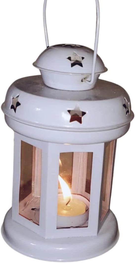 Global Home Decor Hanging Moroccan Candle Lanterns 6 Inch Height Decorative Tea Light Candle Lantern Holder in Metal and Glass for Modern Home Office Decor (Blue)