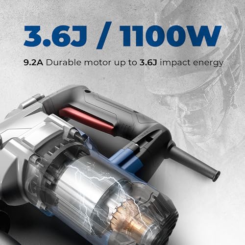 DongCheng 1-1/8 Inch SDS-Plus Rotary Hammer Drill with Safety Clutch - 9.2 Amp Heavy Duty Demolition Hammer for Concrete, Includes 3 Drill Bits and Chisels