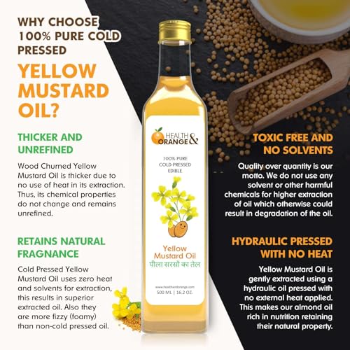 Image of Health and Orange H&O Yellow Mustard Oil-100% Pure Cold Pressed Edible Peeli Sarson Ka Tel-500 Ml Glass Bottle