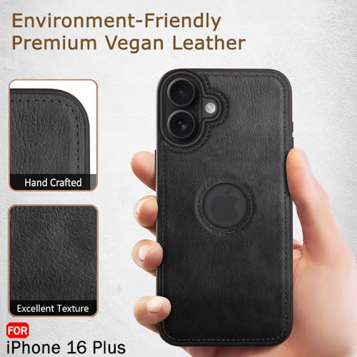 Image of TheGiftKart Genuine Leather Finish Back Cover Case for iPhone 16 Plus | Shockproof Design | Raised Edges for Camera & Screen Protection | Stunning Minimalist Design Case Cover (Black Sides, Black)