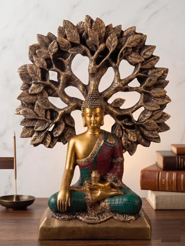 Image of Meditating Buddha Statue Under Bodhi Tree for Home Decor - Golden Gautama Buddha Figurine for Living Room, Office & Vastu (Golden, Red, Blue)