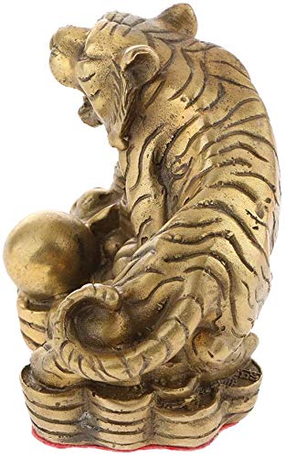 FRECI Tiger Statue Brass Feng Shui Ornament Money Lucky Coin Zodiac Animal Figurines Animal Model Table Top Decor for Office Bookshelf Gifts - Tiger