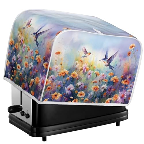 Image of 4 Slice Toaster Cover with Top Handle Design, Universal Size, Dust Protection, Stain Resistant, Hummingbird Daisy Purple