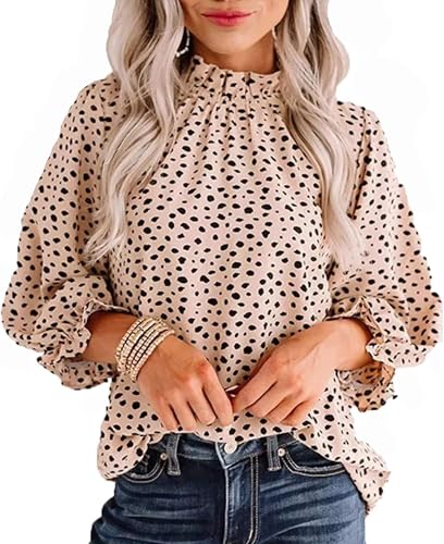 Avanova Women's Leopard Printed Ruffle Hem 3/4 Sleeve Mock Neck Elegant Work Blouses Top Beige Large