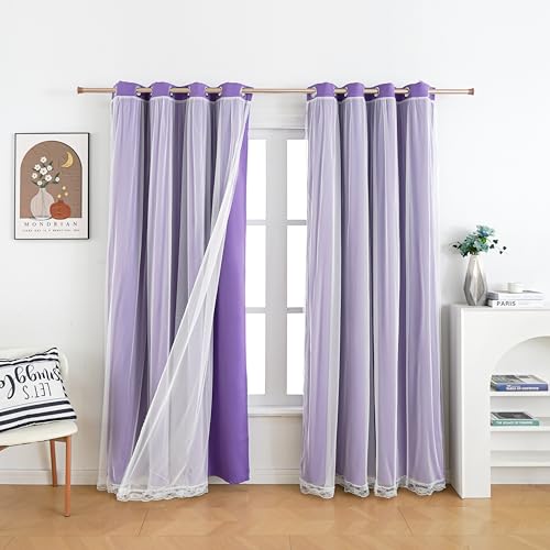 Image of 2 Panels Purple Blackout Curtains 52x84 Inches- Double Layer Lace Grommet for Bedroom, Nursery, Kids Room