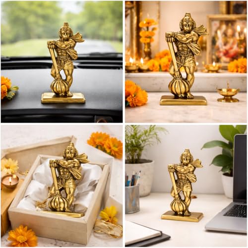 Image of STYSHION SPHERELord Hanuman Bajrang Bahubali Double Sided Metal Idol | Hindu God Murti for Home Temple, Office Desk, Car Dashboard, Pooja & Gifting(Bahubali Hanuman)(Golden)
