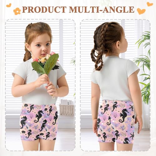 Black Seahorse Print Girls Shorts Elastic Waist Sports Shorts Girls Leggings Pants for 4-10 Years4