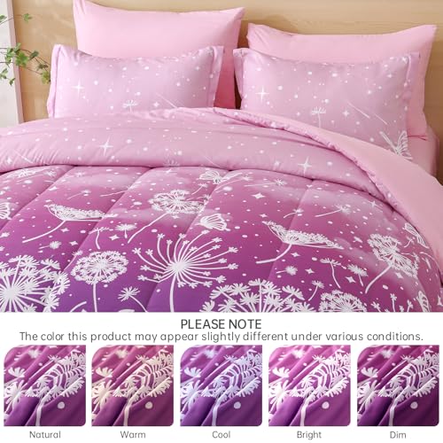 Image of Dinjoy Girls Comforter Set 7 Pieces, Queen Size Colorful Ombre Rainbow Bedding Set, Bed in A Bag for Kid Teen Girls (1 Comforter, 1 Flat Sheet, 1 Fitted Sheet, 2 Pillow Shams, 2 Pillowcases)