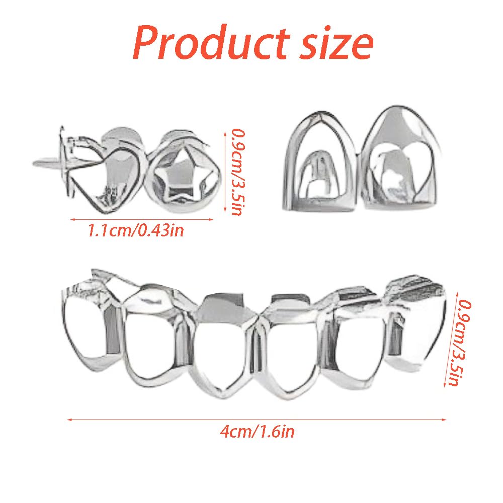 SSyang Hip-hop Teeth,1 Set Teeth Grills,Hip Hop Teeth Grills,Hollowed-out Argent Plated Tooth,Braces Top and Bottom Grill Cap Shiny Teeth,for Men's and Women's Parties,Proms,Halloween Role Plays - Image 2
