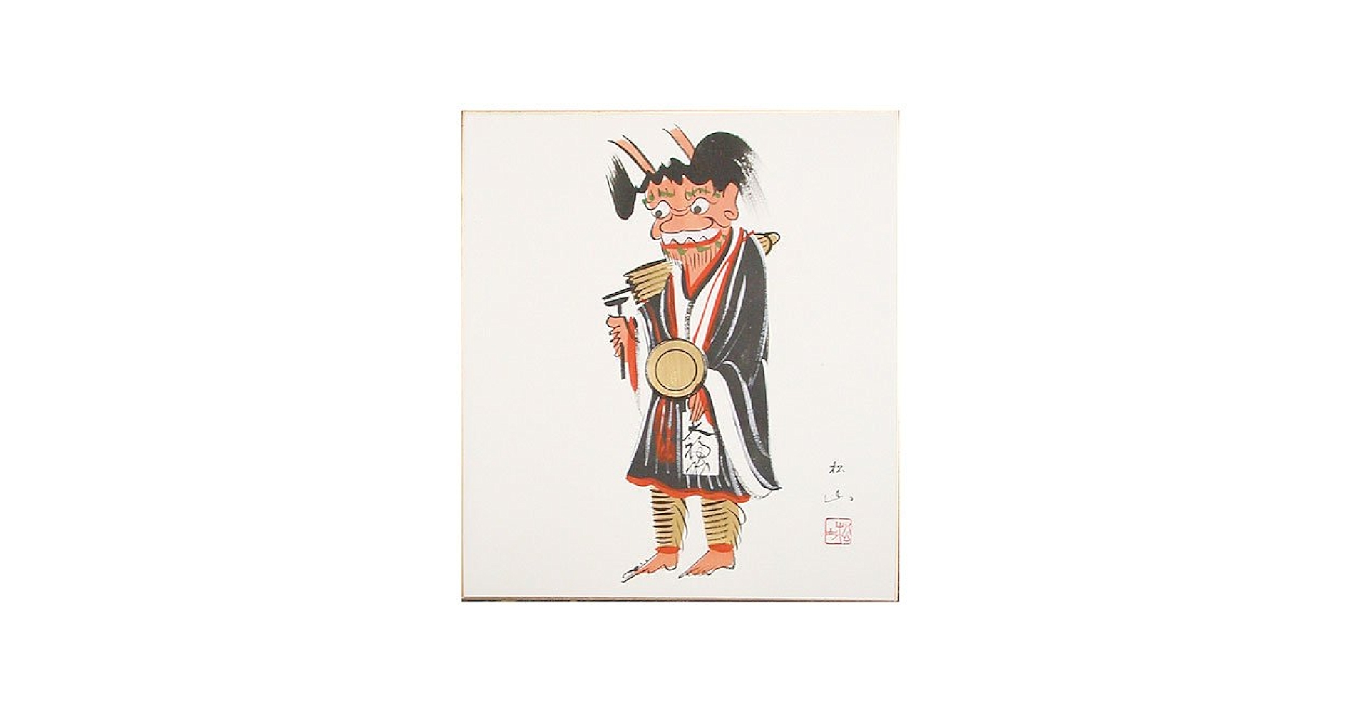 大津絵　肉筆和紙　鬼の寒念仏 泥地肉筆額 『鬼の寒念仏』 （30×15） - 大津絵の店 Online Shop