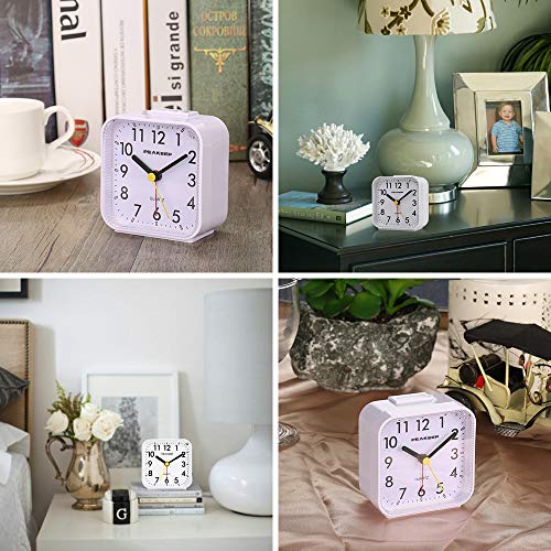 Image of Peakeep Small Battery Operated Analog Travel Alarm Clock Silent | No Ticking, Lighted on Demand and Snooze, Beep Sounds, Gentle Wake, Ascending Alarm, Easy Set (White)