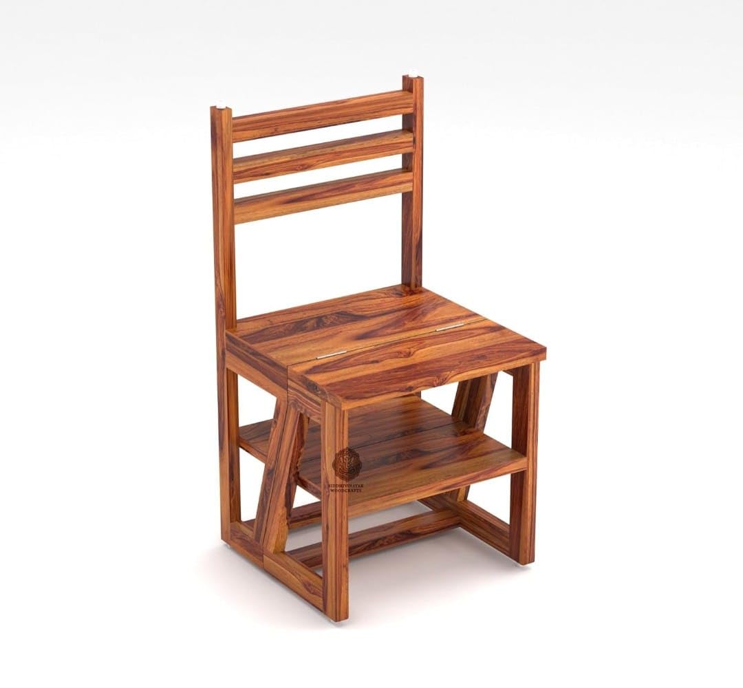 Solid Sheesham Wood Convertible Chair Cum Step Ladder, Natural Finish, Space-Saving Design-picture-28