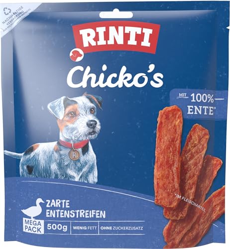 RINTI - Chicko Megapack | Leicht verdauliche Entenstreifen aus 100% Entenbrustfilet für ausgewachsene Hunde. Fettarmer und zuckerfreier Hundesnack ohne Zusatzstoffe im Frischebeutel | 5x500g Ente