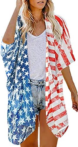 Women&#39;s Floral Print Puff Sleeve Kimono Cardigan Loose Cover Up Casual Blouse Tops