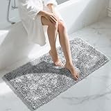 Yimobra Long Bathroom Rug Non Slip 44x24 Inch, Extra Thick Soft Absorbent Chenille Bath Mat, Machine Washable Bath Rugs for Bathroom Floor, Tub and Shower, Home Decor Accessories, Light Grey