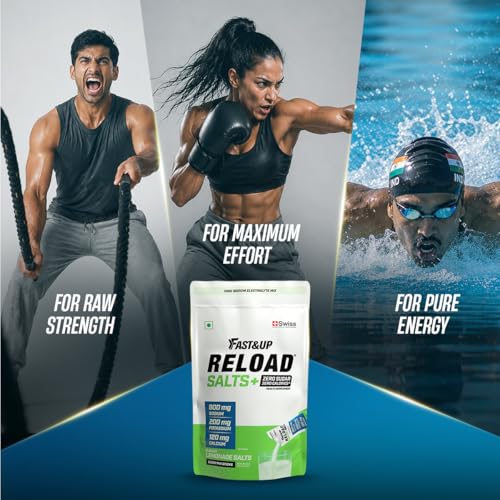 Image of Fast&Up Reload Salts | High Sodium Electrolyte Drink Mix | 900mg Sodium | Zero Sugar, Zero Calories| 5 Electrolytes - Potassium, Magnesium, Calcium & Chloride | Instant Hydration | Vegan, No Preservatives | (5 Sachets, Lemonade)