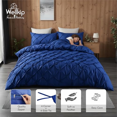 Image of Pinch Pleated Duvet Cover Set 1000TC 100% Cotton Premium 3-Pieces 1-Duvet Cover & 2-Pillow Cover Luxury Look Home and Hotel Zipper & 8-Tie Closure (Royal Blue, Single 60 X 90 Inch)