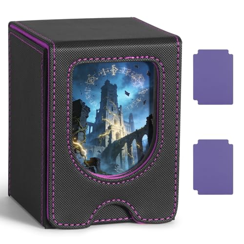 Euqvunn TCG Deck Box with Display Window Holds up to 130 Single-Sleeved Trading Cards Includes 2 Dividers for Easy Organization Ideal for Display and Carrying (Black & Purple)