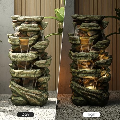 Image of SunJet 59 inch High Multi-Tiers Cascading Rock Outdoor Water Fountain with LED Lights - Large Outdoor Fountains and Waterfalls for Garden or Patio, Yard, and Deck Decor, Featuring Natural Stone Look